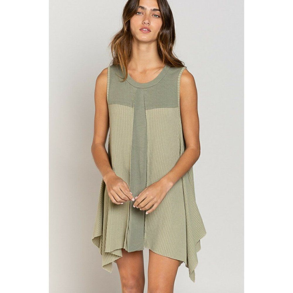 SALE! POL Clothing USA Sage Sleeveless Dress Raw Edge Waffle Knit Summer Spring - Picture 2 of 6